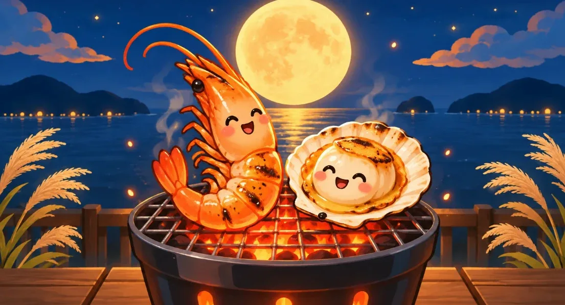 中秋夜月光下烤架上的蝦與扇貝插畫(示意圖)